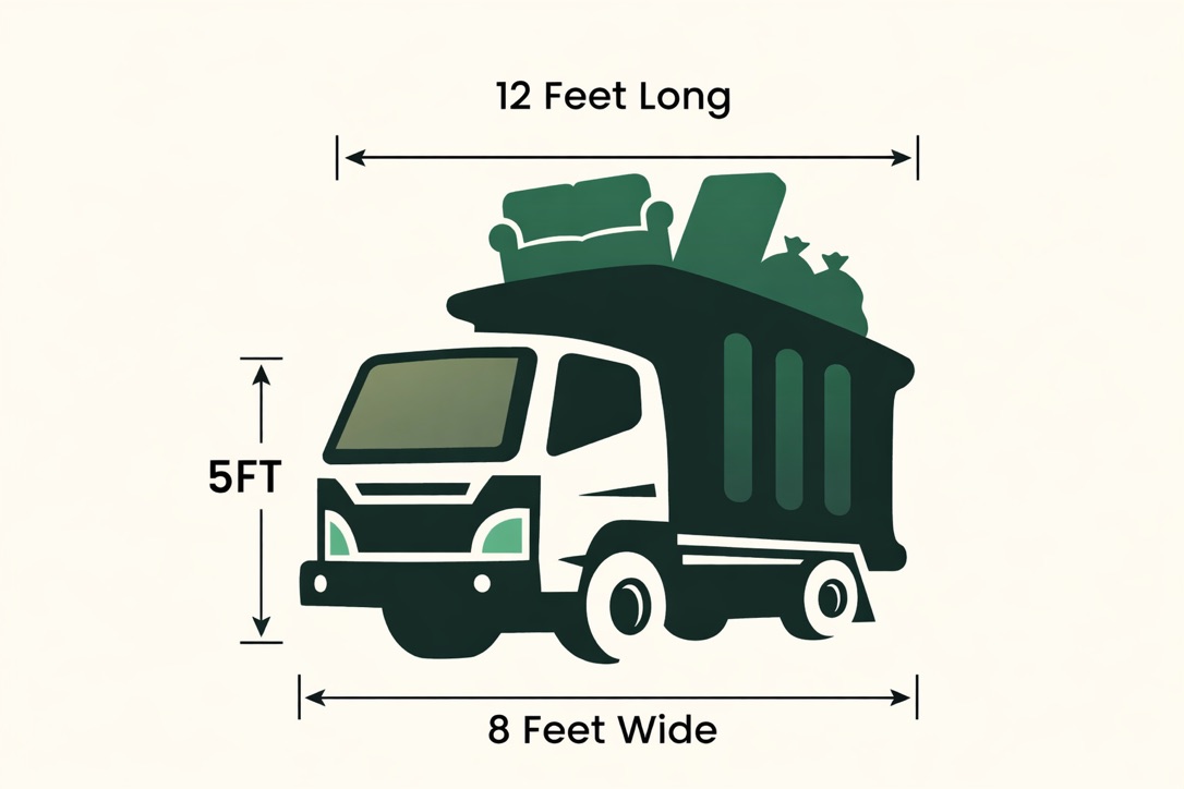 Truck size guide showing 12 feet long, 8 feet wide, and 5 feet tall