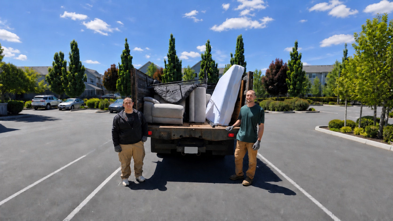 Two Columbia Junk Removal crew members beside a truck loaded with furniture and mattresses