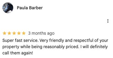 Screenshot of Paula Barber's five-star Google review praising fast, friendly service, respectful handling, and reasonable pricing